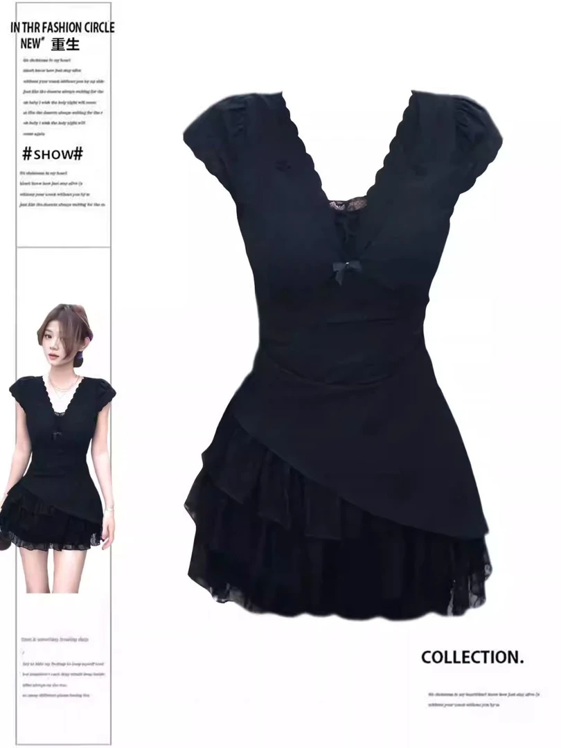 大码胖MM纯欲辣妹假两件蕾丝短袖连衣裙女夏季新款收腰设计感短裙