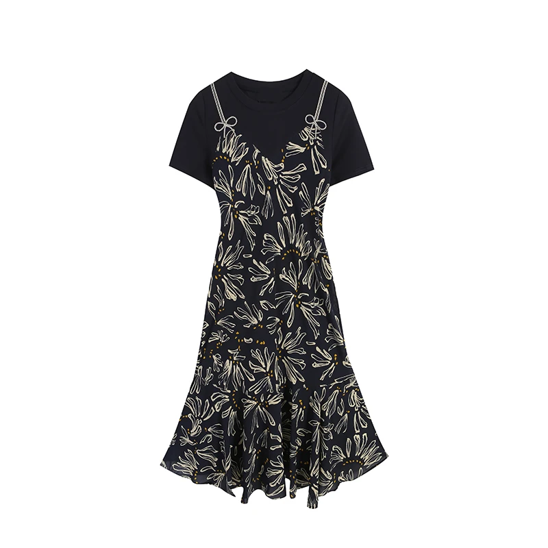 显瘦气质连衣裙女装印花长款碎花黑色长裙修身夏季裙子ZL106910