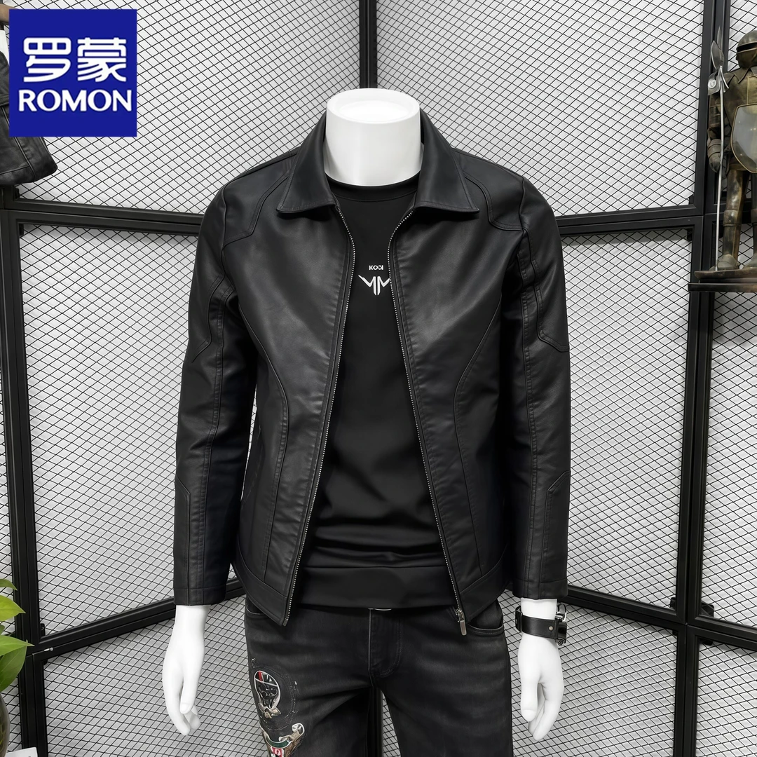 罗蒙新款秋冬男士翻领皮衣皮夹克加绒韩版休闲爆款工装外套机车服
