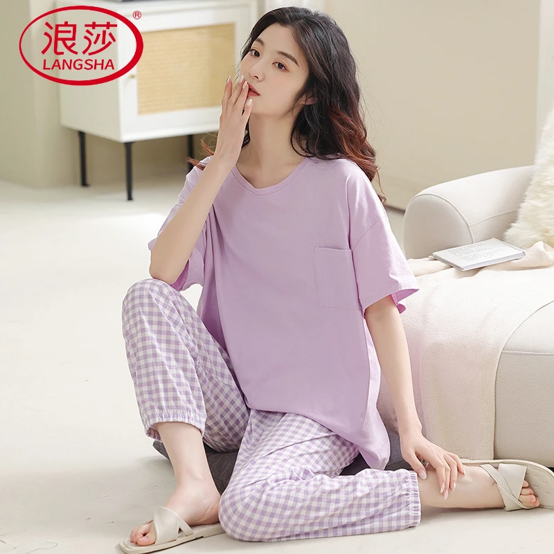 浪莎睡衣女春夏季2025年新款短袖长裤休闲女士宽松家居服可外穿套