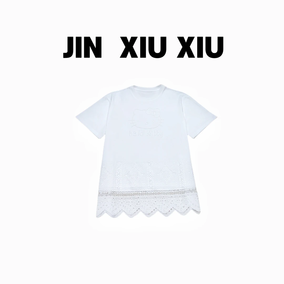 JINXIUXIU夏季新款刺绣Kitty蕾丝拼接韩系甜美圆领短袖T恤389
