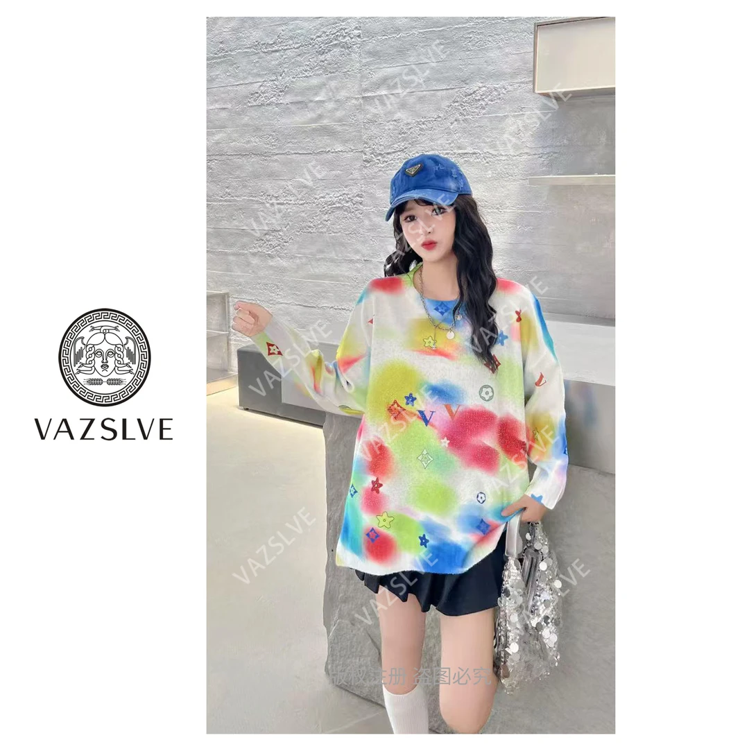 【VAZSLVE奢品】长袖撞色条扎染花针织慵懒风渐变圆领#38837