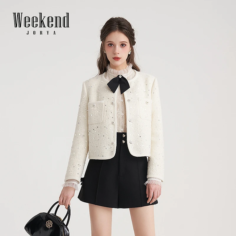 卓雅周末春季新款圆领亮片口袋扣饰绵羊毛小香风短外套EJWEAF80