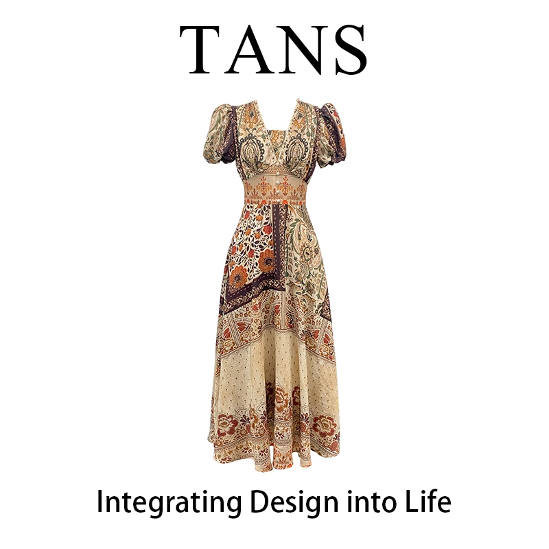 现货 TANS【仲夏玫瑰】法式波西米亚风复古印花民族风情连衣裙