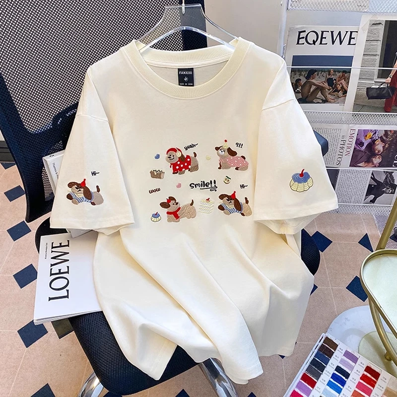 小狗刺绣短袖t恤女2025新款oversize宽松港味复古纯棉半袖上衣潮