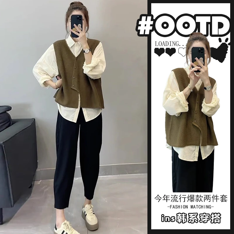 盐系轻熟三件套装女气质咖色马甲polo领长袖衬衫高腰显瘦休闲裤潮