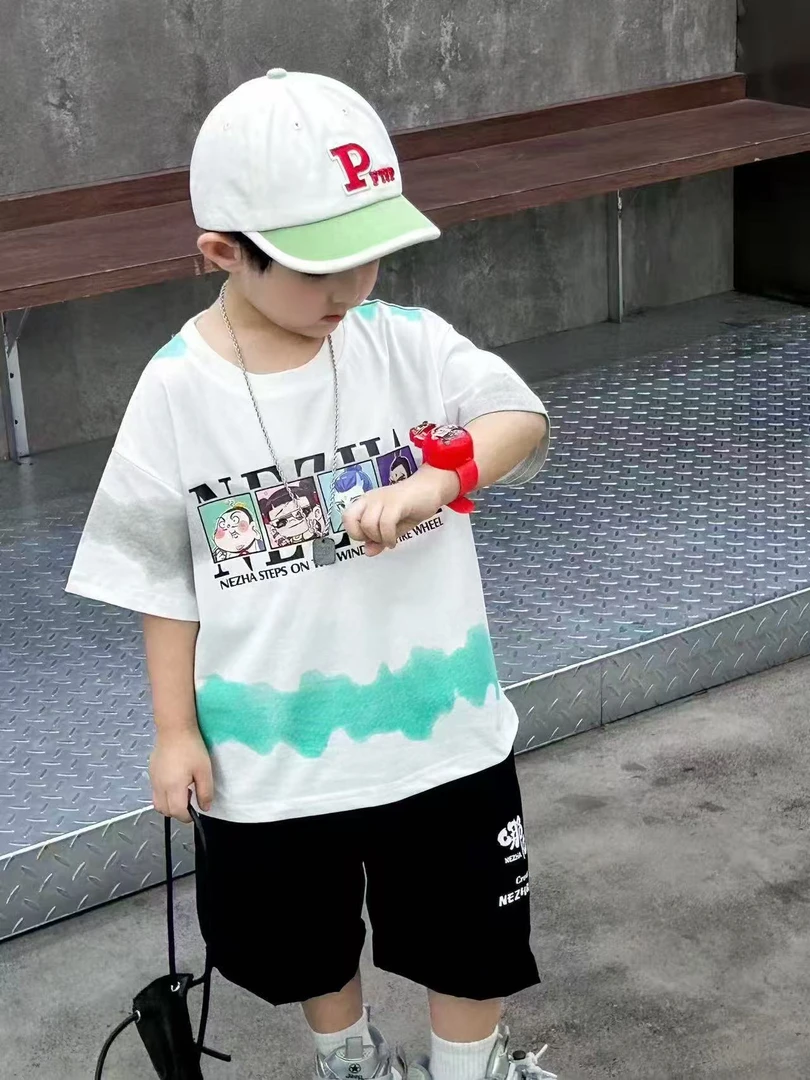 男短袖T恤夏季软糯面料重工短袖夏季上衣休闲童装套装