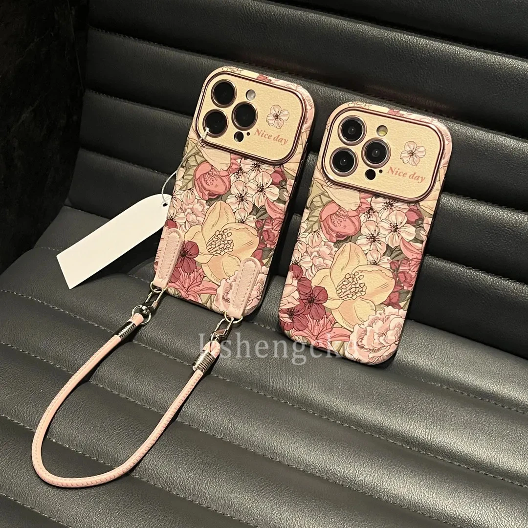 全包大视窗软皮质花朵手提适用苹果16手机壳15/14/13promax唯美女