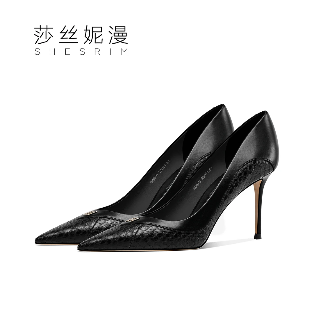 D15-2024春秋蛇皮拼接高跟鞋尖头细跟女优雅气质浅口女