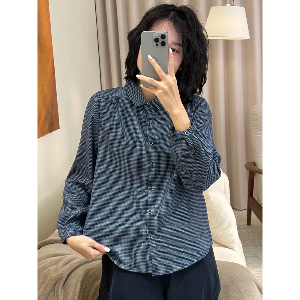复古文艺长袖格子衬衫女2025年春秋新款时尚气质宽松百搭翻领上衣
