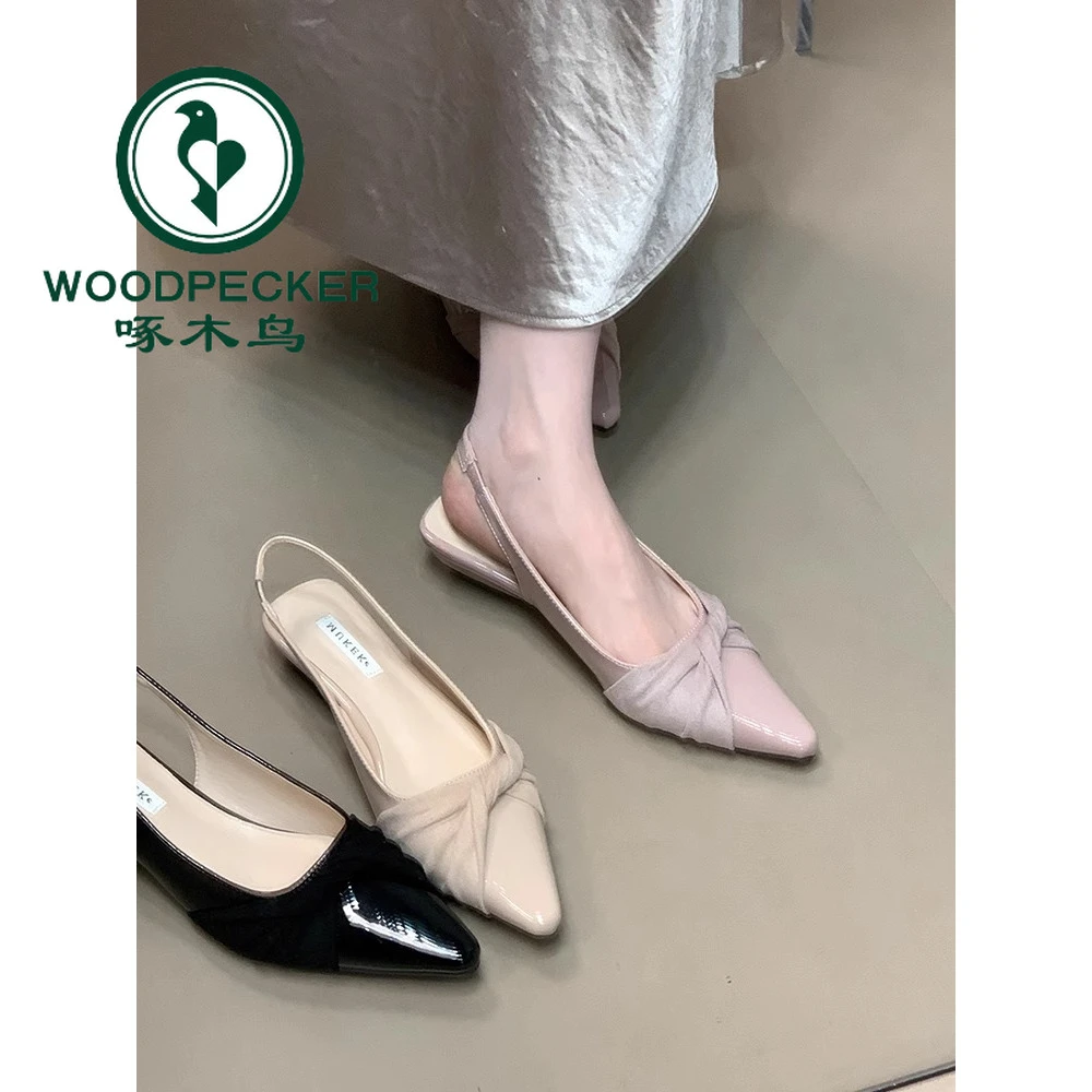 啄木鸟2025优雅纯色尖头配裙子包头凉鞋女新款名媛气质后绊带单鞋