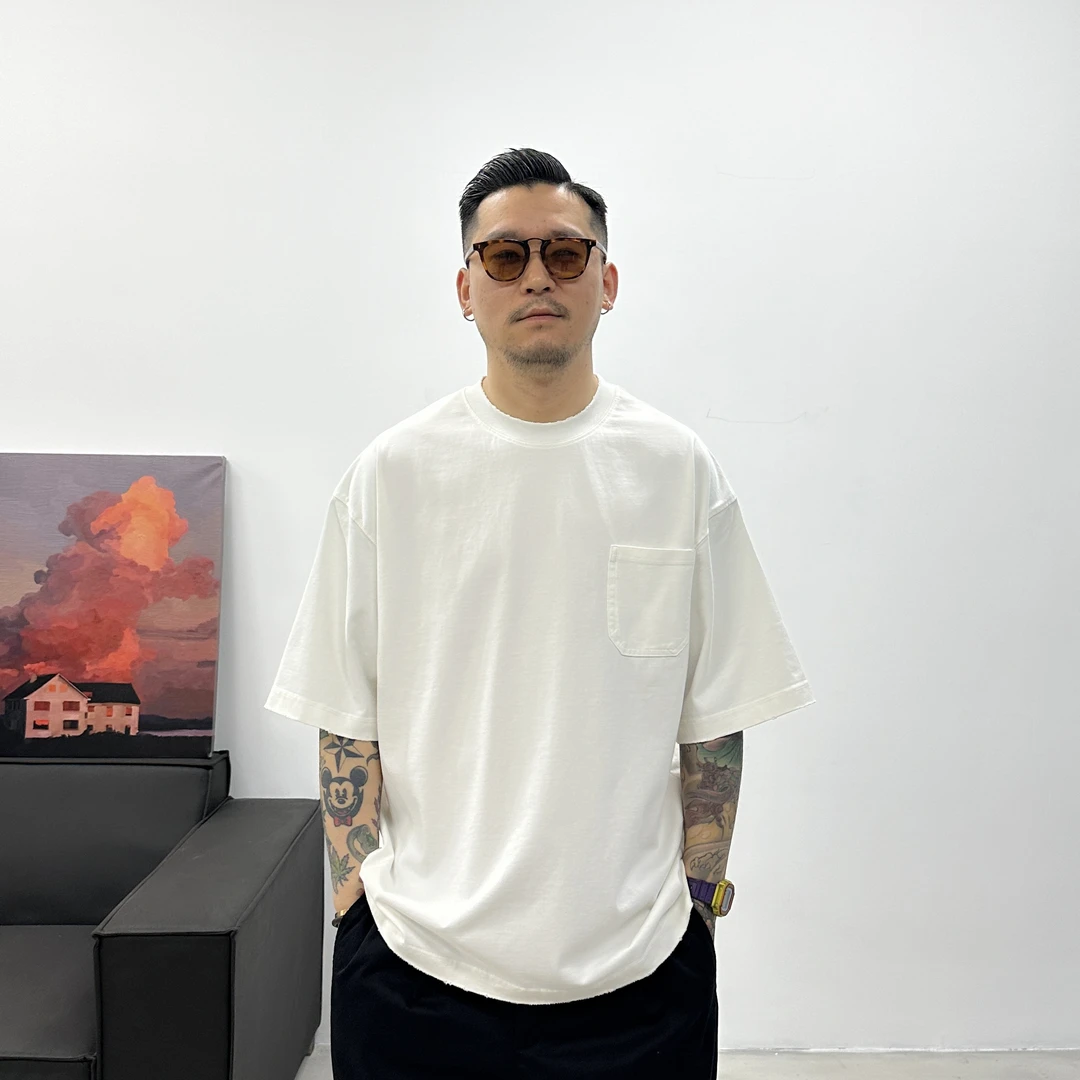 25SS日系复古做旧磨破宽松短袖夏季休闲圆领重磅半袖百搭纯色ins