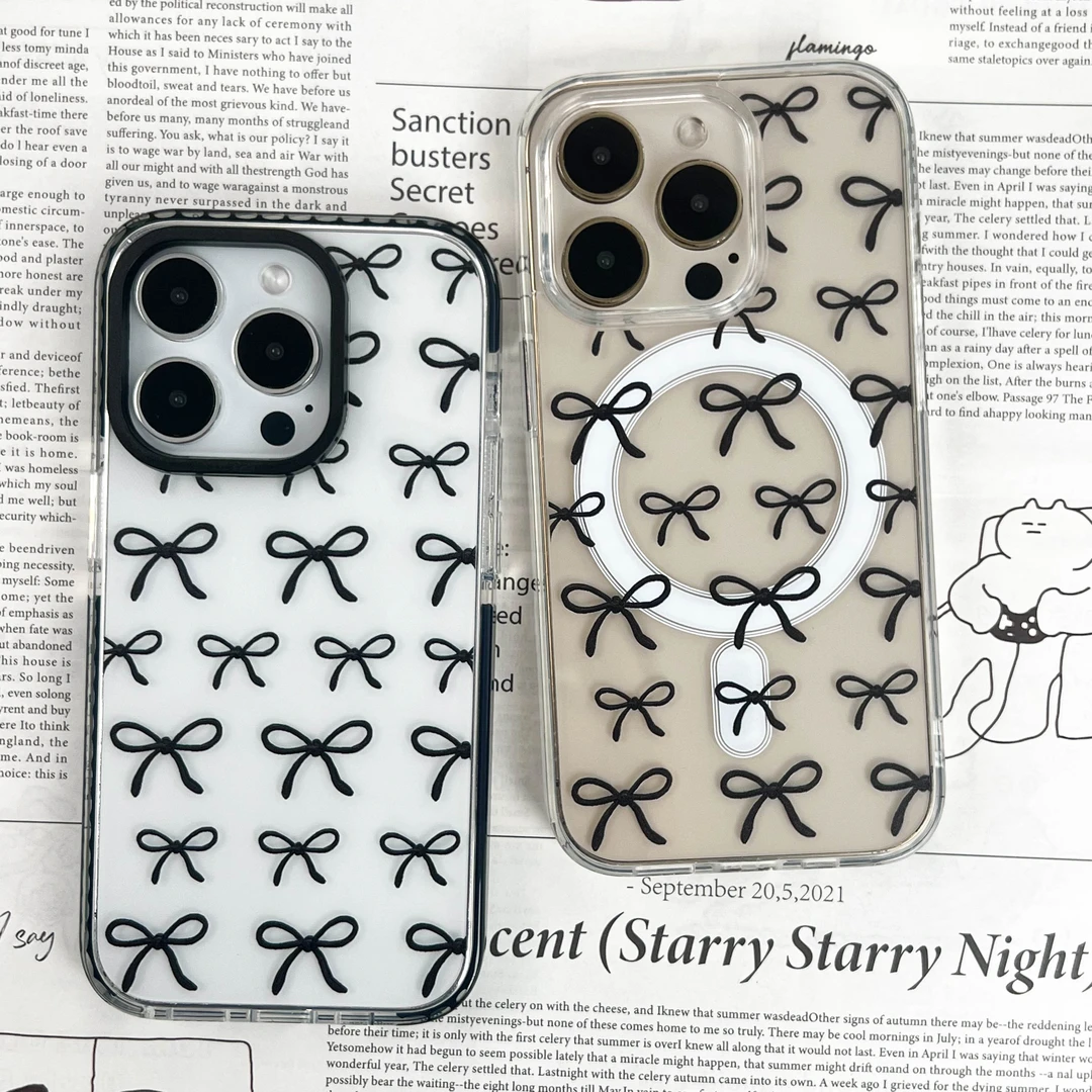 黑色蝴蝶结丝带少女防摔磁吸适用12/13/14/15/16promax苹果手机壳