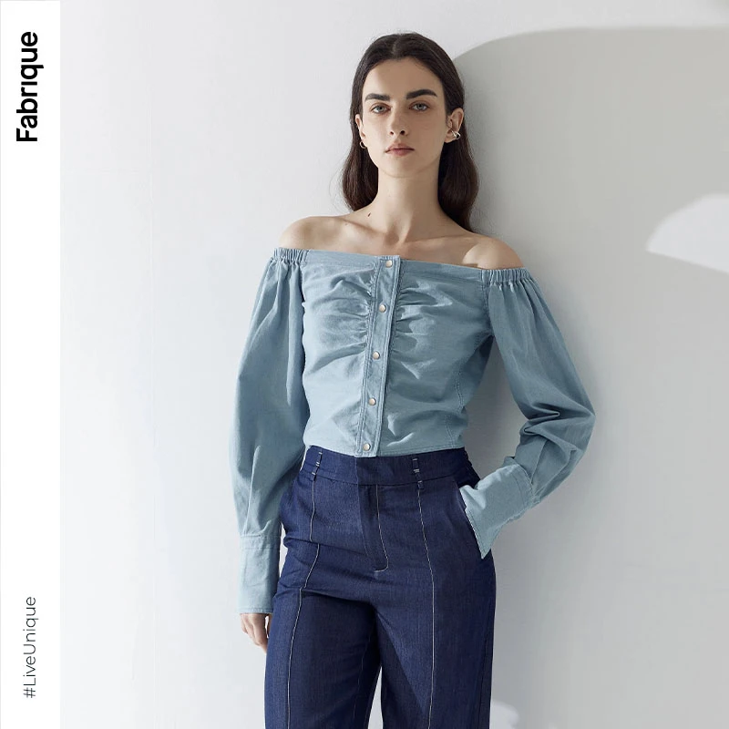 【Fabrique】灯笼袖牛仔衬衫夏季气质一字肩设计感衬衫Paulene