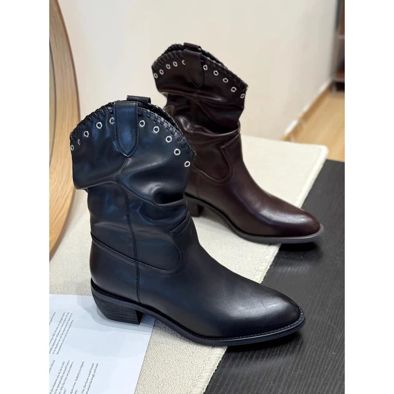 专柜288～巨轻软 加绒尖头粗跟瘦瘦靴女复古西部牛仔靴女8032A43