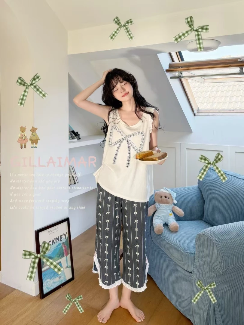 小熊家 蝴蝶结背心七分裤睡衣套装女7970