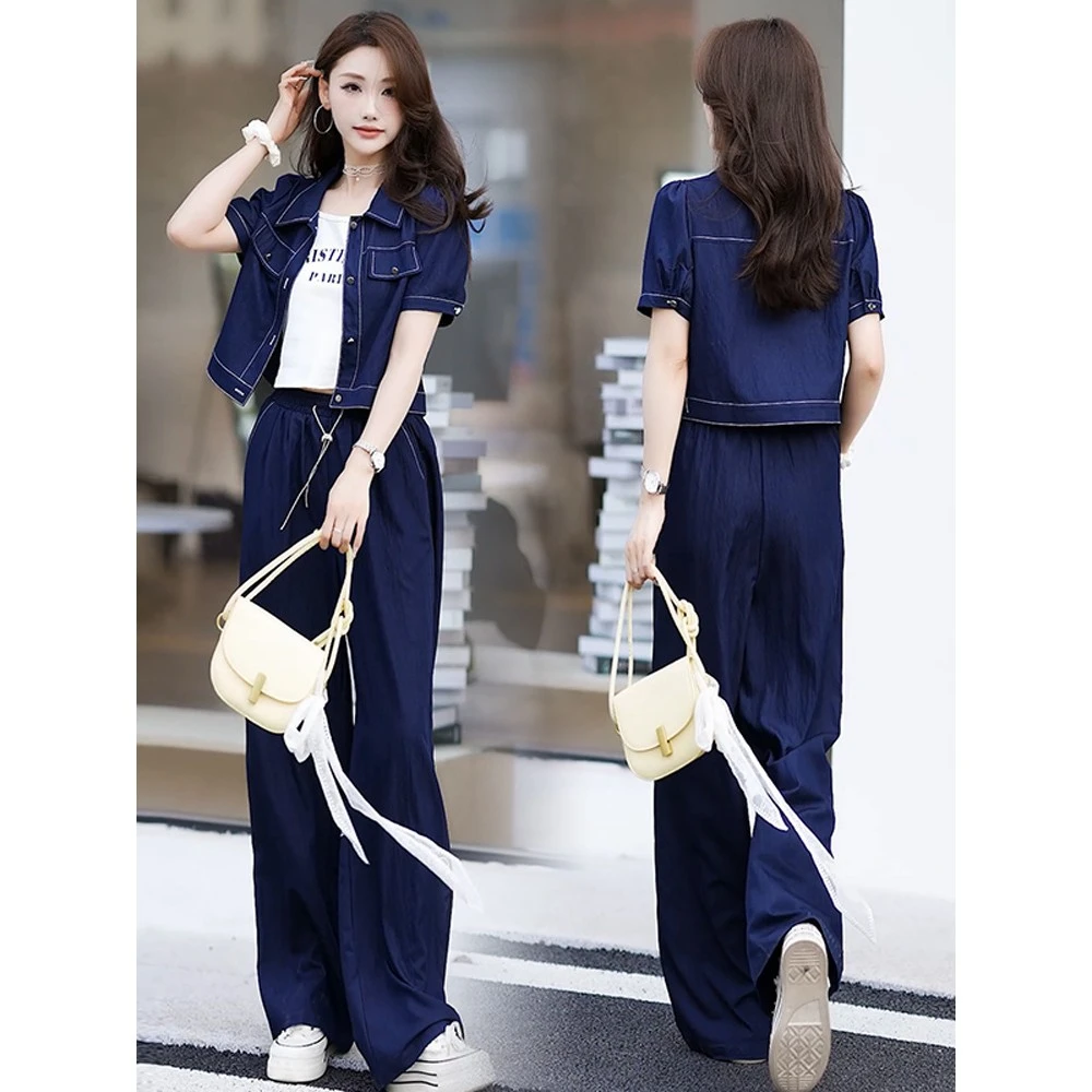 洋气冰丝垂感牛仔阔腿裤套装女夏薄2025年夏季新款复古减龄三件套