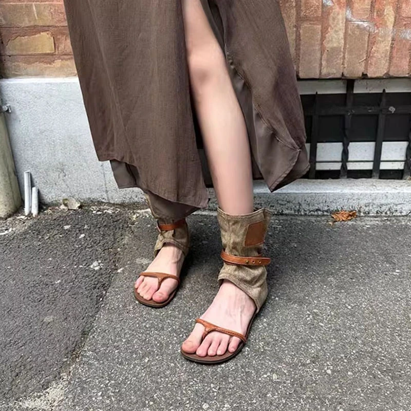 头层牛皮~复古平底凉鞋女新款凉靴百搭休闲夹趾拖鞋罗马凉鞋单鞋