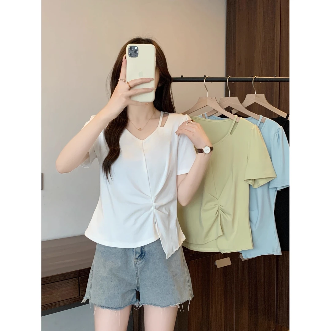 白色v领短袖t恤女夏季2025新款设计感小众别致不规则辣妹上衣