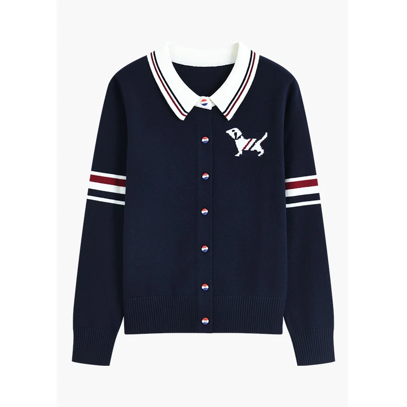 设计感小狗图案条纹针织开衫秋冬新款翻领长袖气质减龄上衣1608