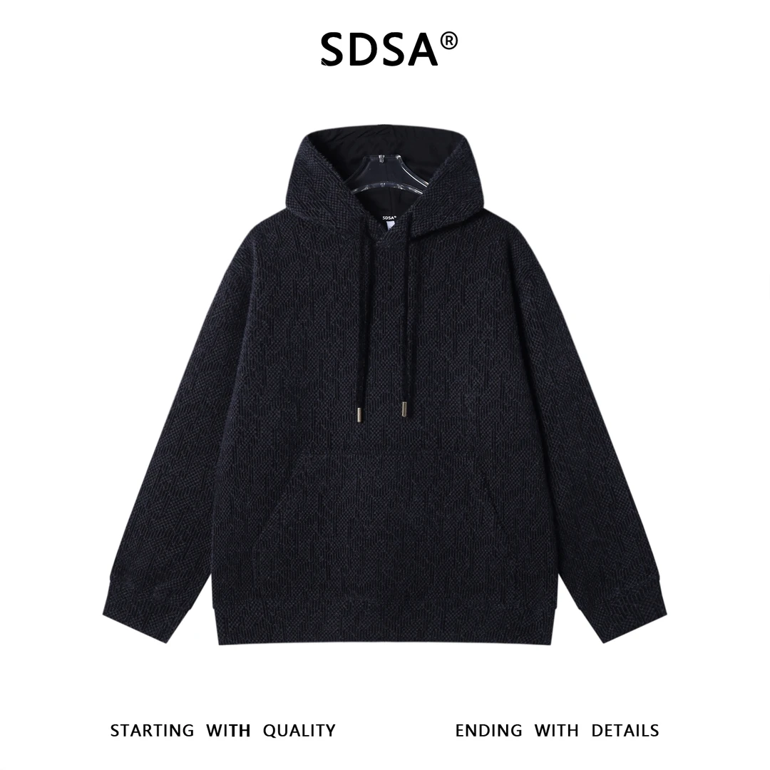 SDSA男士秋冬新款痞帅男装简约提花暗纹绒毛抽绳连帽卫衣百搭情侣