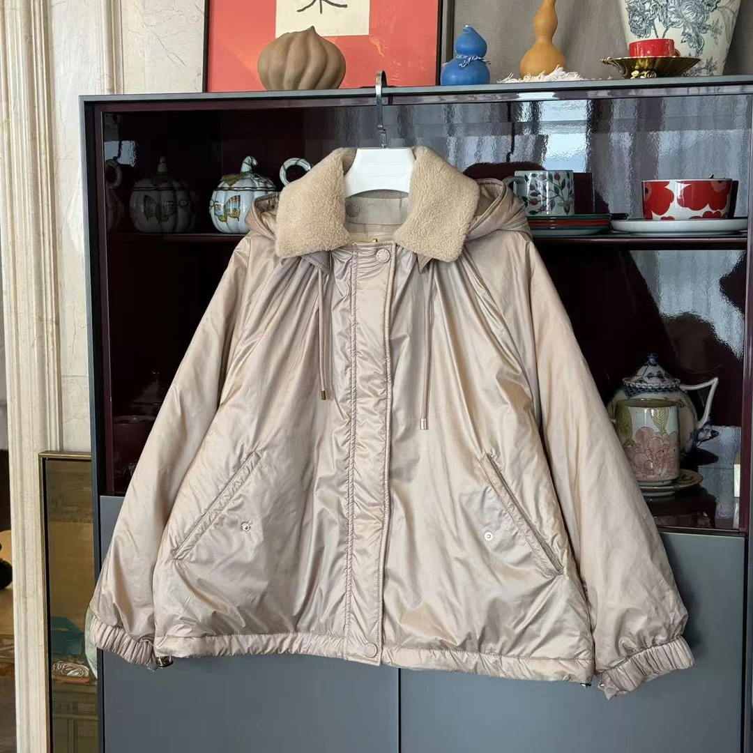 MYL 2025秋冬新品聚酯浅卡其骆驼绒棉服翻领连帽休闲宽松时尚外套