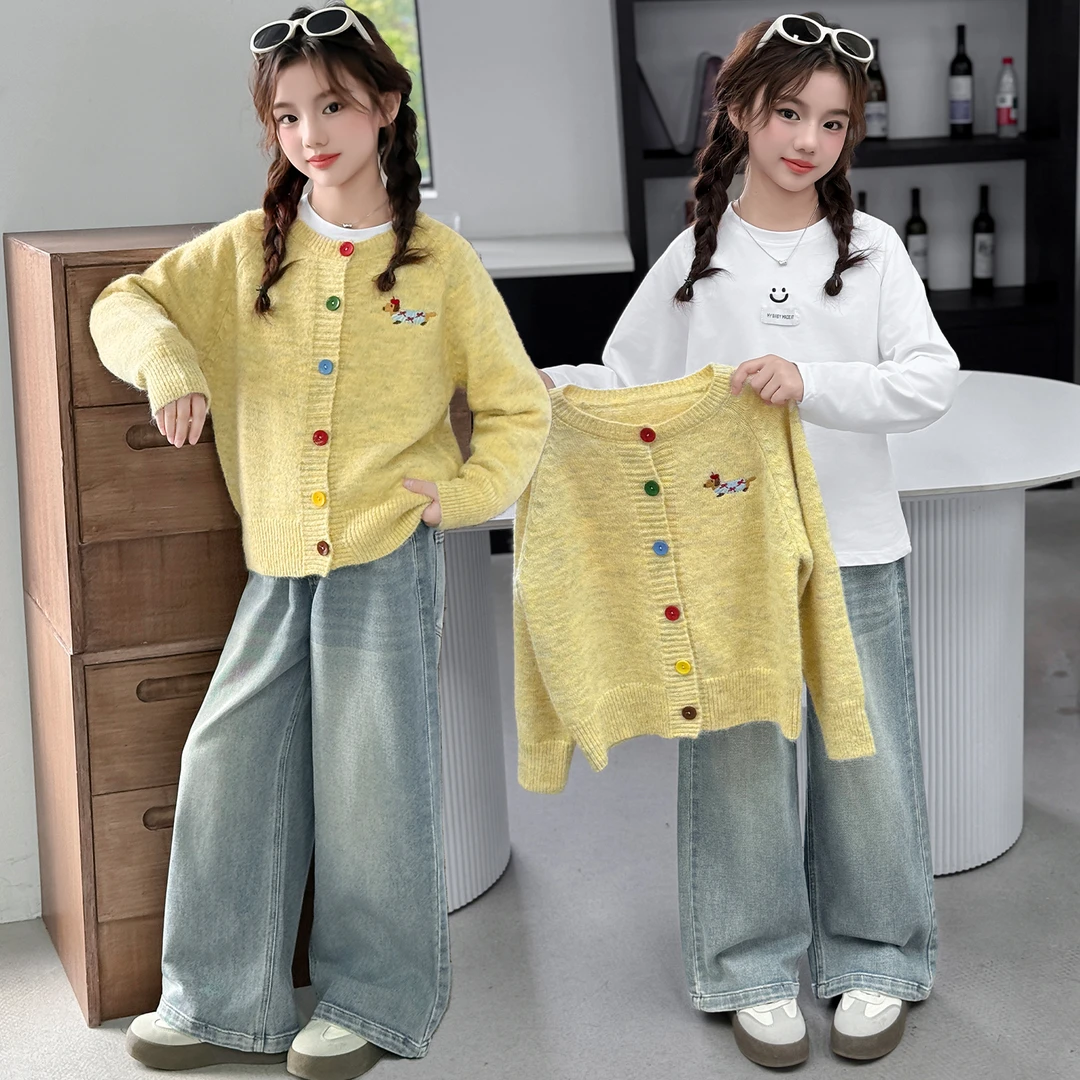 女童套装春秋款2025新款女大童韩系穿搭儿童秋装毛线外套三件套潮
