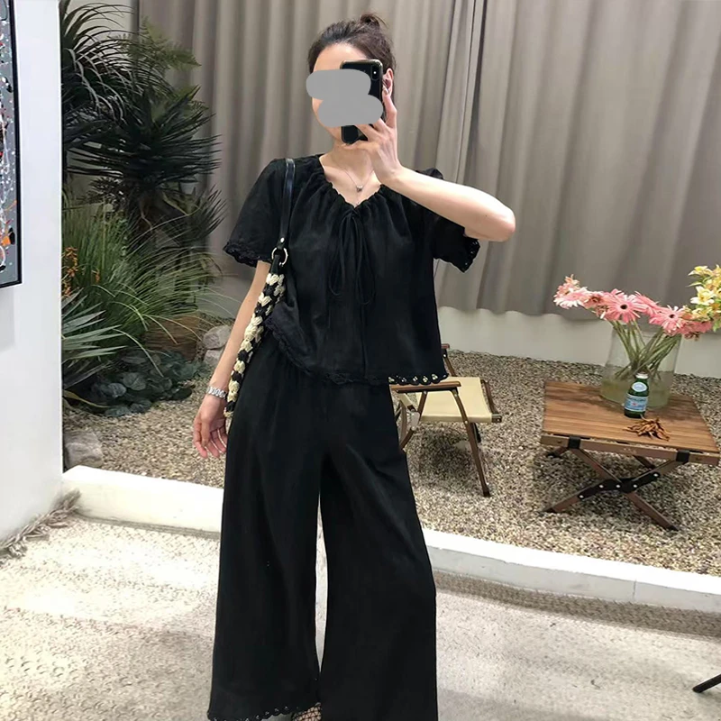 2025夏季新款蕾丝拼接花边短袖衬衫+直筒休闲裤两件套长裤套装女