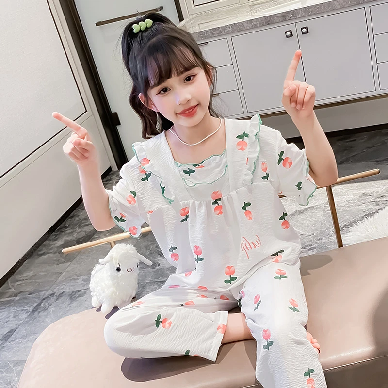 公主风不褪色吸汗透气家居服套装短袖夏装中大童家居服睡裙夏天
