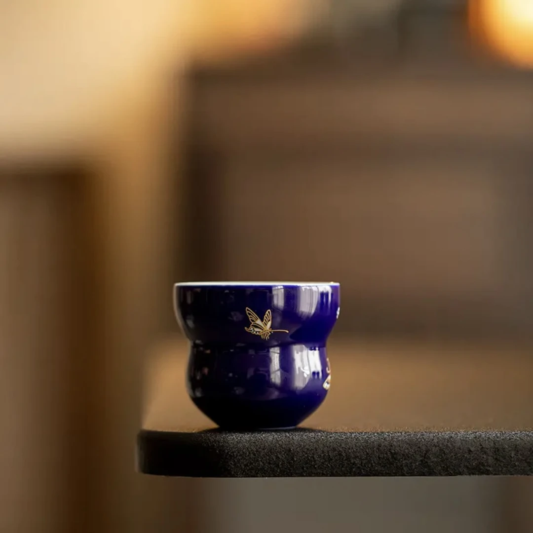 烫金舞蝶葫芦茶杯功夫茶具家用陶瓷单杯国潮品茗杯主人杯茶器