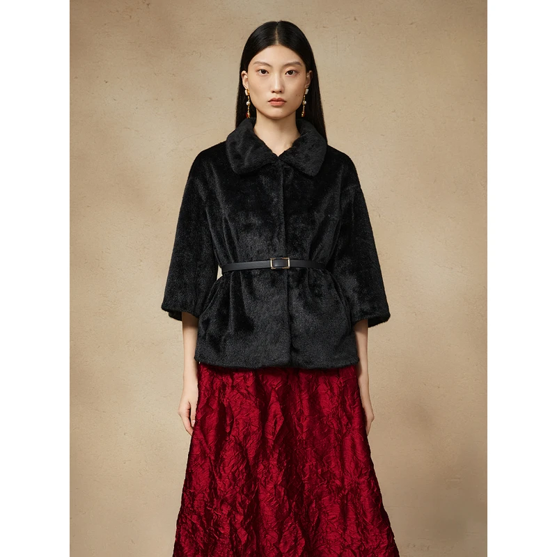 Song of Song歌中歌新款黑色环保面料气质大衣5C34580130