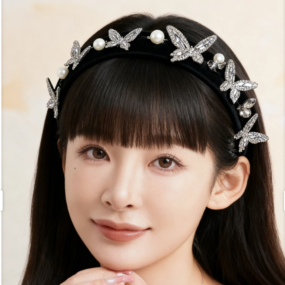 新款高颅顶倒齿发箍蝶与星辰轻奢立体满钻蝴蝶超闪齿梳多功能发箍