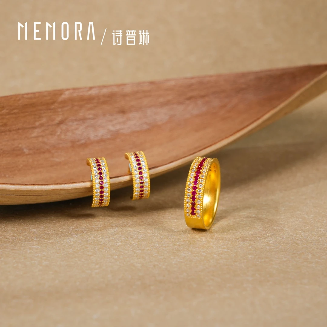 MEMORA/诗普琳【芳华】古法金黄金镶钻红宝石戒指女戒耳钉送女友