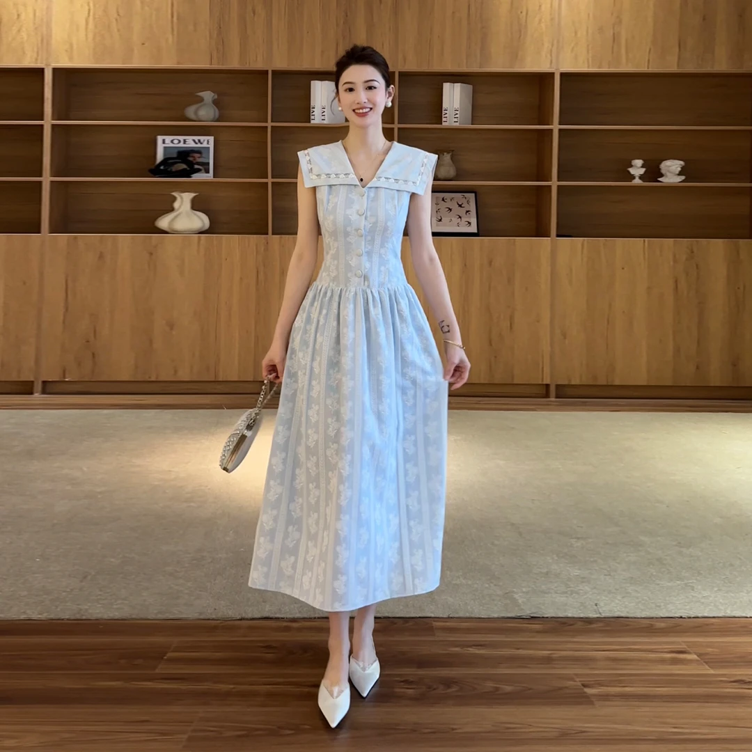 现货【夏梦海棠】法式高级感海军领无袖连衣裙LZ1986