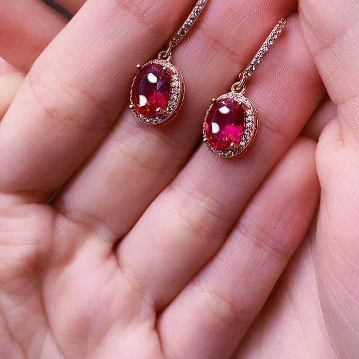 红宝石耳饰银S925镶嵌