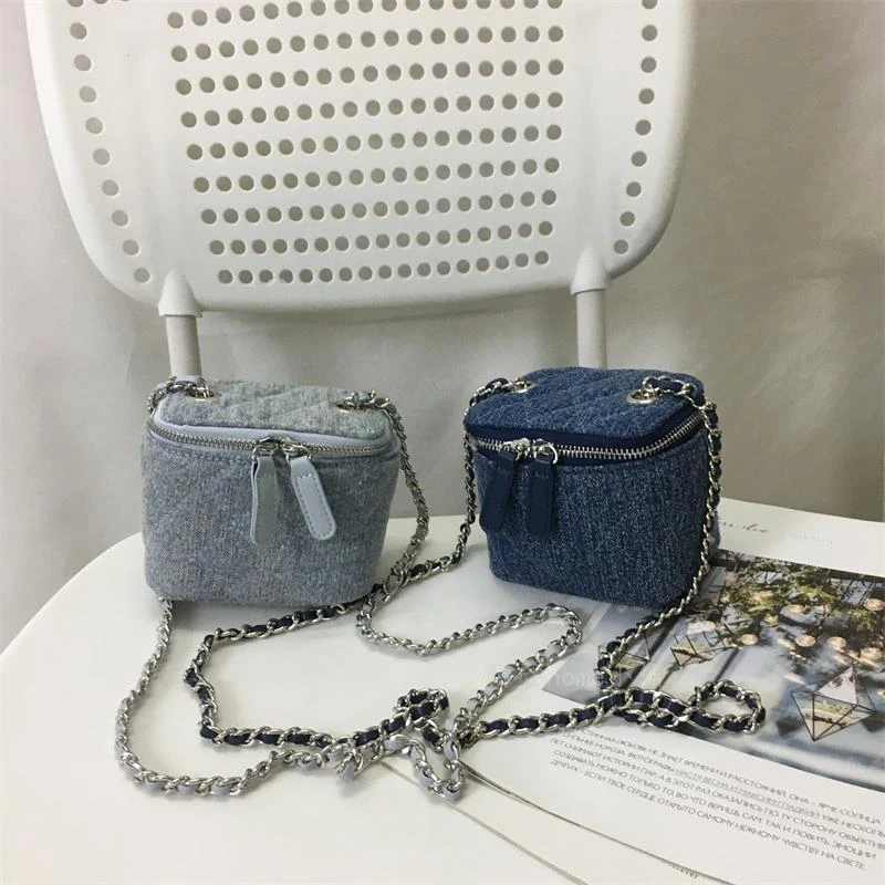 简约迷你可爱牛仔包链条斜挎拉链洋气菱格盒子小包包