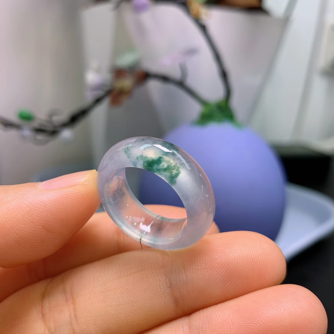 14-15圈口缅甸天然翡翠A货高冰飘花戒指409#