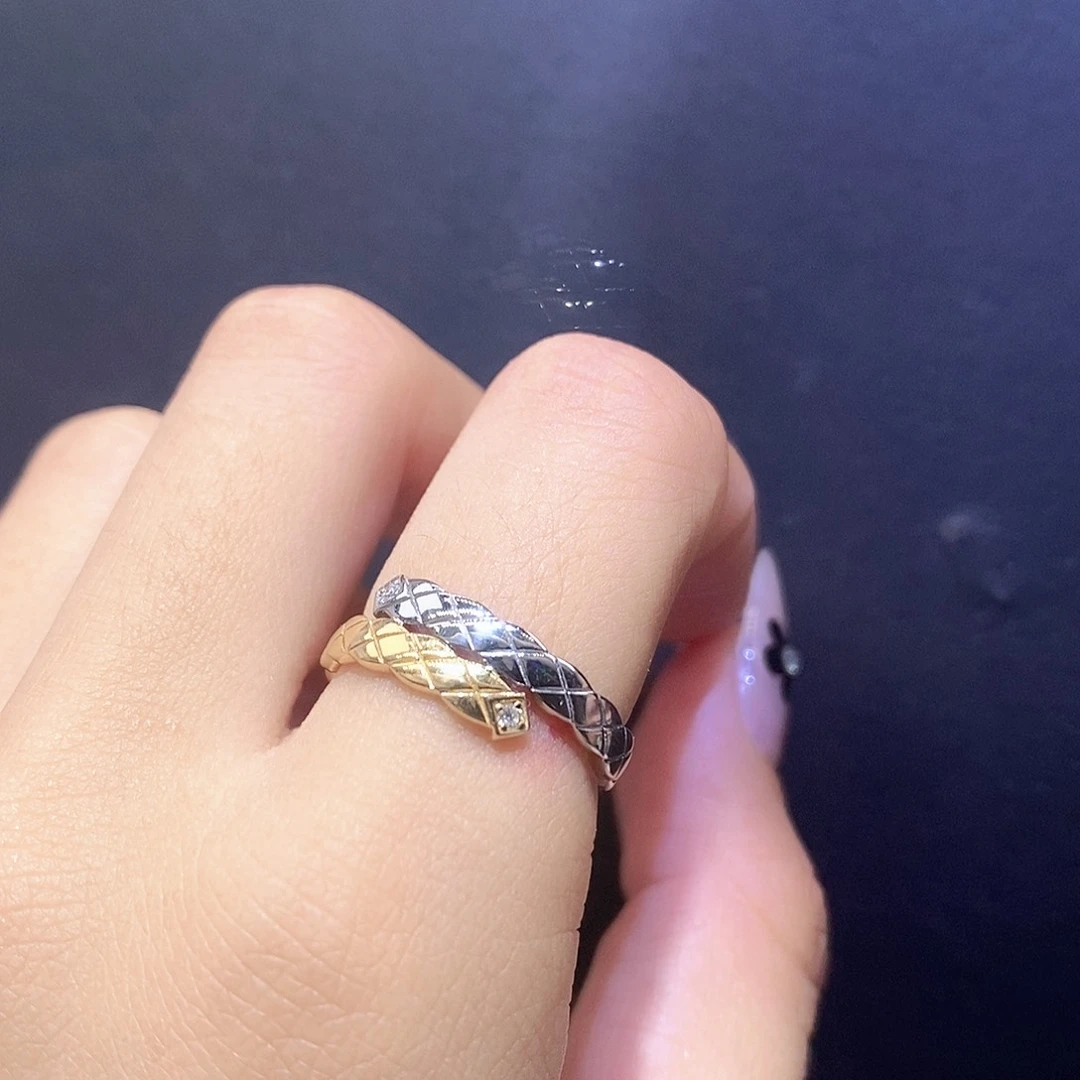 戒指/指环18K金镶嵌钻石黄白菱格分色戒指14
