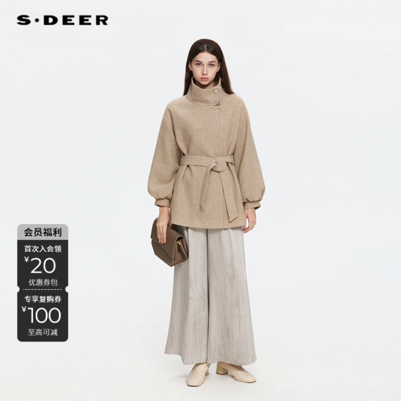 S·DEER圣迪奥女装秋冬宽松型直下摆老钱风系带收腰外套S253Z2601