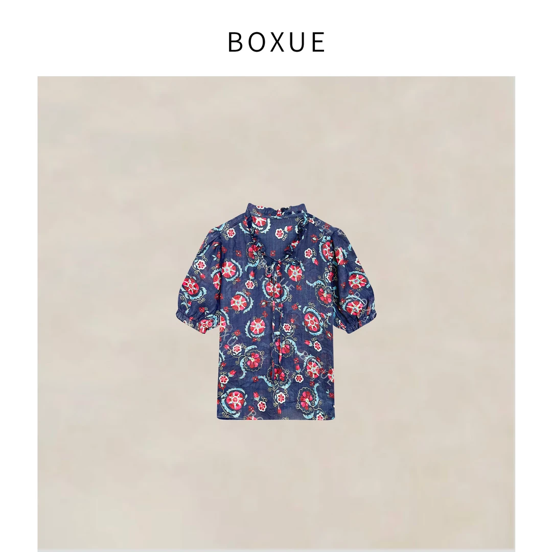 BOXUE”松吟”2025夏季新款高级感100苎麻印花轻奢T恤#250530T2751