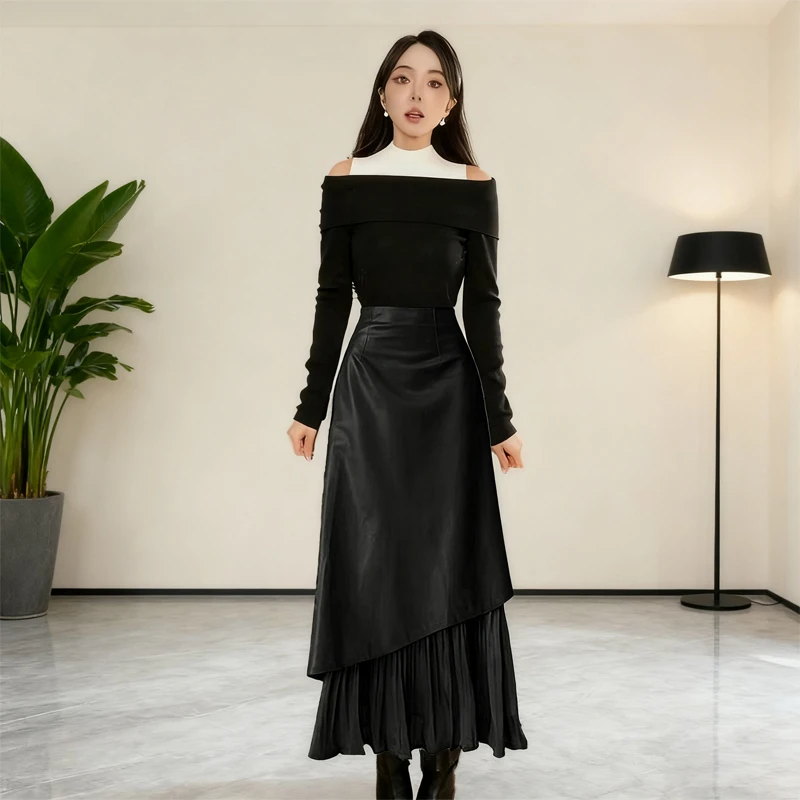 秋冬套装女2025新款法式设计感针织上衣搭显瘦不规则半身裙两件套