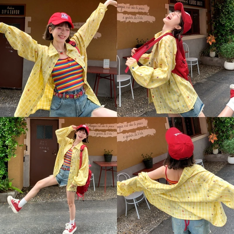森女部落原创甜美童趣印花宽松撞色衬衫女长袖外套2025初夏穿搭
