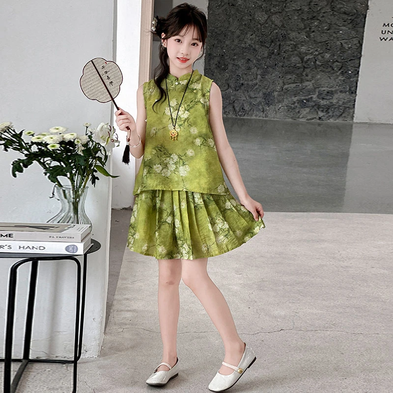 女童连衣裙夏装2025新款洋气儿童碎花背心旗袍女大童古风汉服裙子