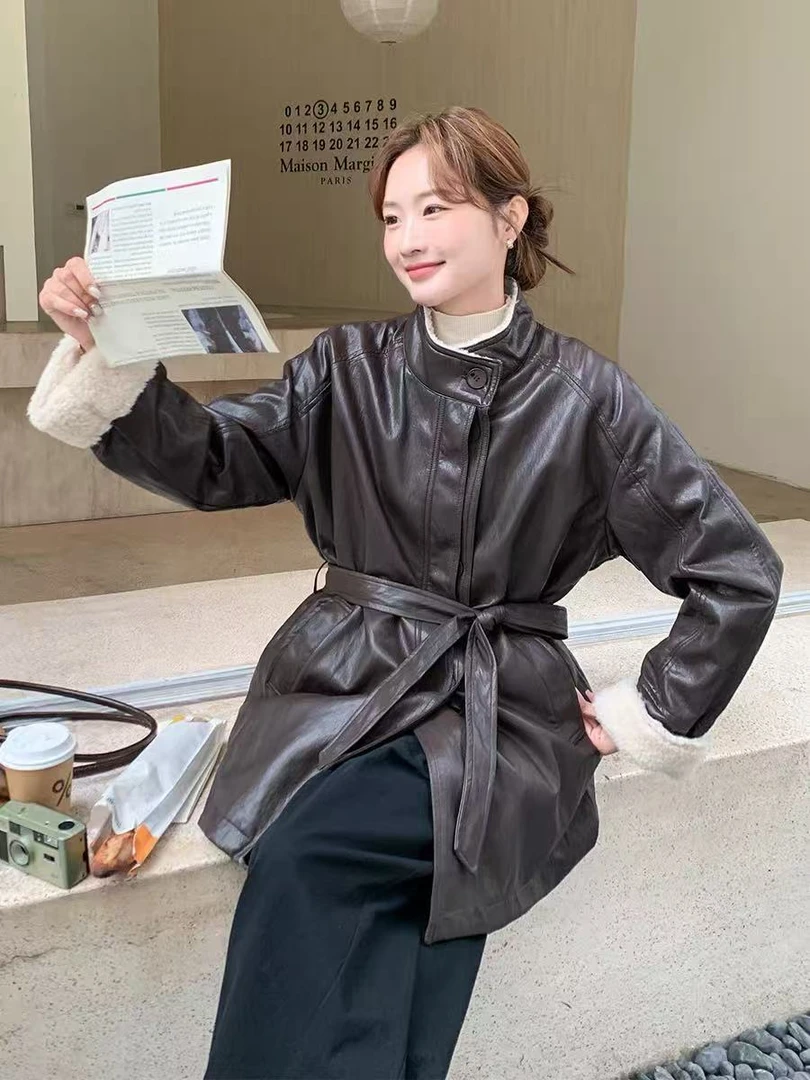 033加绒中长款立领冬季复古港风短款皮衣休闲黑色气质ins