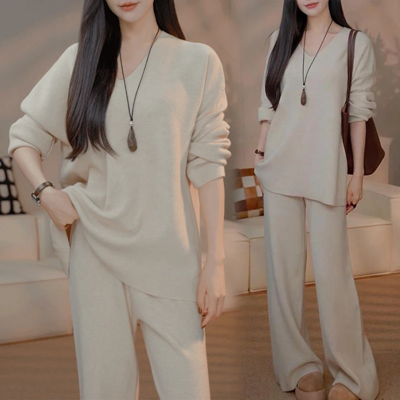 时尚老钱风V领长袖针织上衣阔腿裤两件套女2025秋季新款洋气套装