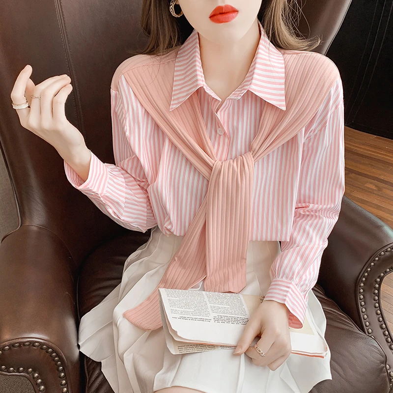 设计感披肩假两件拼接条纹衬衫女2024春秋季新款百搭宽松长袖衬衣