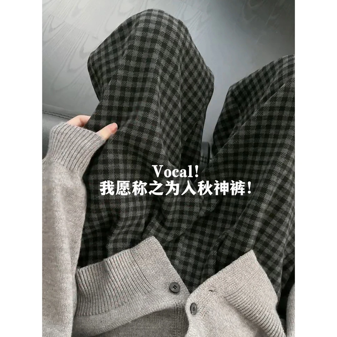 复古美式黑灰色格子裤女秋季新款大码胖mm高腰宽松显瘦阔腿休闲裤