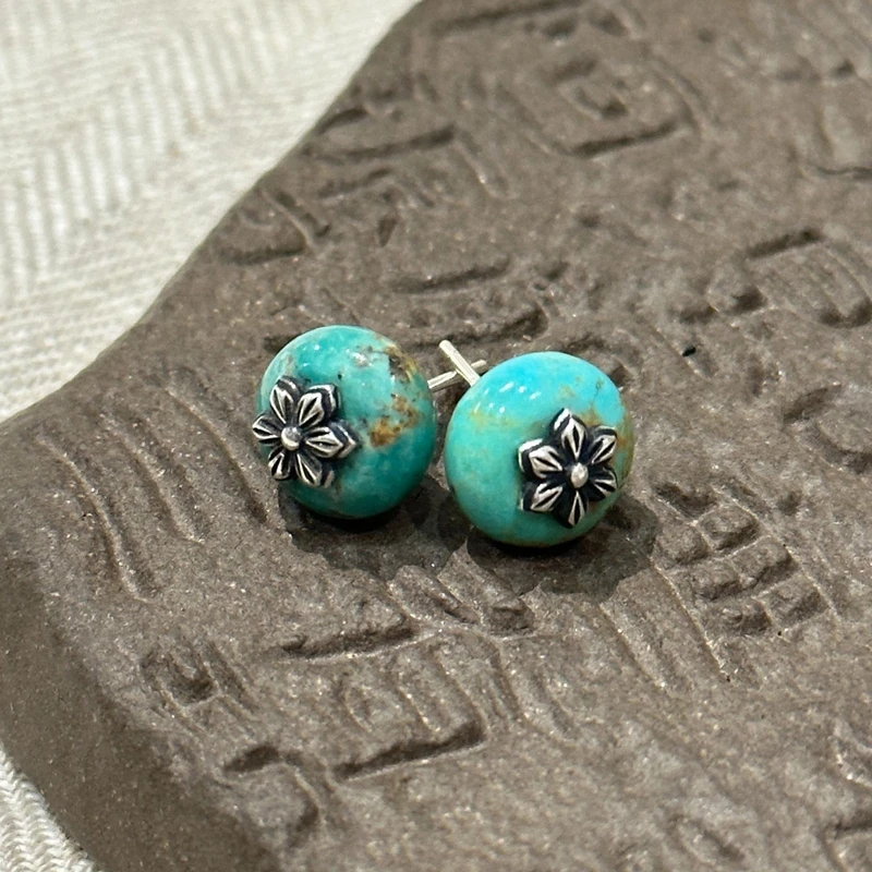 925银耳饰 <秋梦>E25873绿珠莲花贴片耳钉复古小众设计耳饰多样发