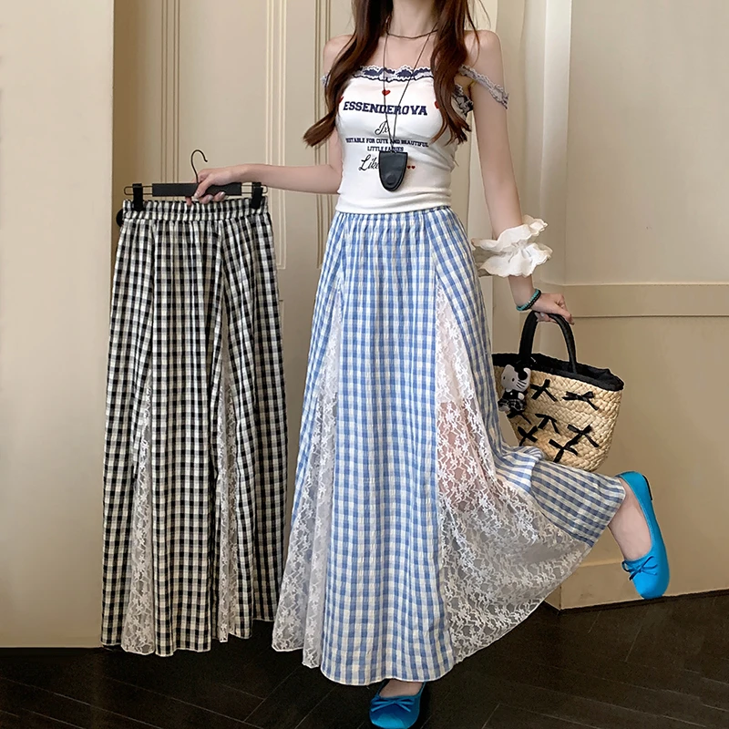 【鱼白专属】大码夏高腰显瘦格子拼接蕾丝设计感半身裙韩版百搭5816