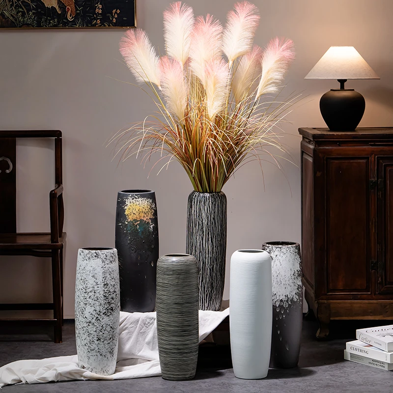 落地陶瓷大花瓶新中式复古粗陶罐客厅酒店装饰品插干花种植水培瓶